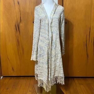 Live and Let Live Multicolor Textured Knit Hooded Cardigan Fringe Bohemian Layer